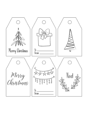 Christmas Tags Black White Simple Drawn Tree Gift Ornaments Coloring Template
