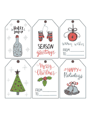 Christmas Tags Blue Green Tree Bells Holly Lights Mittens Bauble Coloring Template