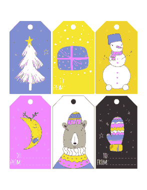 Christmas Tags Bright Winter Purple Yellow Blue Bear Mittens Moon Tree Snowman Gift Coloring Template