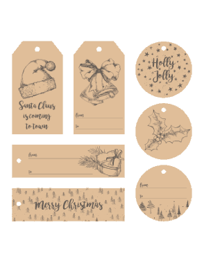 Christmas Tags Brown Paper Pen Sketch Santa Hat Bells Holly Trees Coloring Template