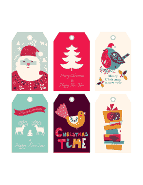 Christmas Tags Colorful Santa Tree Bird Deer Gifts Coloring Template