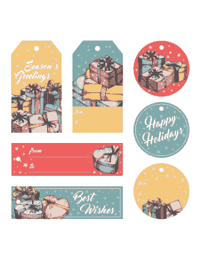 Free Download PDF Books, Christmas Tags Colorful Sketch Circle Rectangle Wrapped Gifts Coloring Template