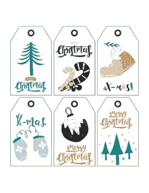 Christmas Tags Green Black Gold Mittens Tree Bauble Candy Canes Skates Coloring Template