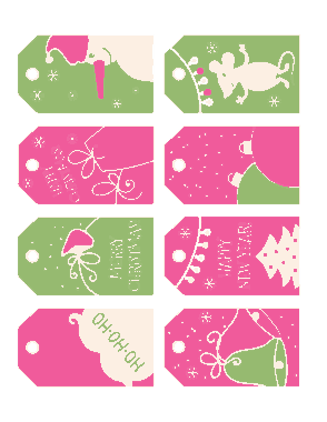 Christmas Tags Pink Green Bells Santa Gifts Tree Mouse Snowman Baubles Coloring Template