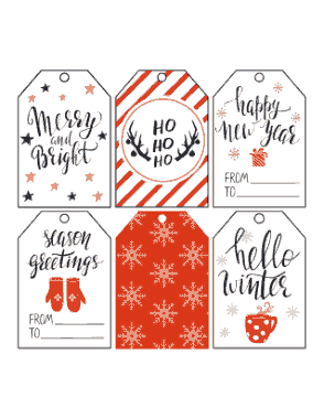 Christmas Tags Red Black Gold Snowflakes Mittens Hot Cocoa Deer Swirly Font Coloring Template
