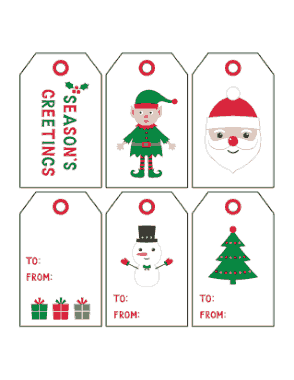 Christmas Tags Red Green Clipart Style Snowman Tree Elf Santa Gifts Coloring Template