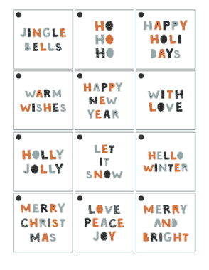 Christmas Tags Scandi Font Sentiments Square Set 12 Coloring Template