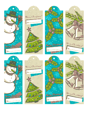 Christmas Tags Vintage Snowman Tree Bells Holly Coloring Template