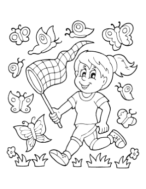 Butterfly Cartoon Girl Catching Butterflies With Net Coloring Template