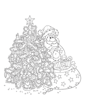Christmas Decorated Tree Santa Delivering Gifts Coloring Template