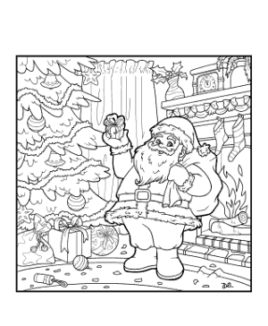 Free Download PDF Books, Christmas Tree Santa Delivering Gifts Fireside Coloring Template