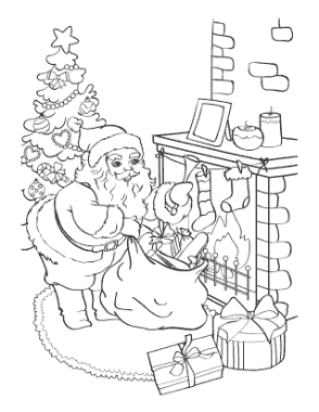 Santa Delivering Gifts Fireside Christmas Tree Coloring Template