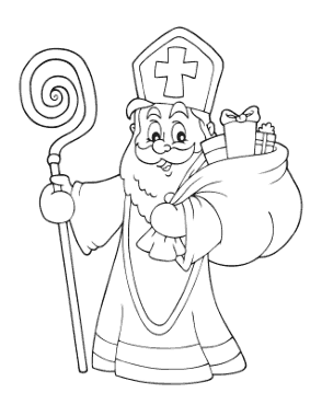 Santa Saint Nicholas With Staff Gifts Coloring Template
