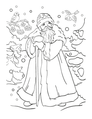Santa Wearing Cloak In Snow With Cute Birds Coloring Template