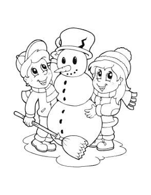 Christmas Children Build A Snowman Winter Coloring Templat