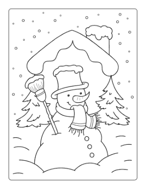 Snowman Outside Snowy Cottage Winter Coloring Templat