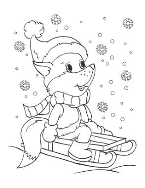 Winter Cute Fox Tobogganing Snowflakes Coloring Templat
