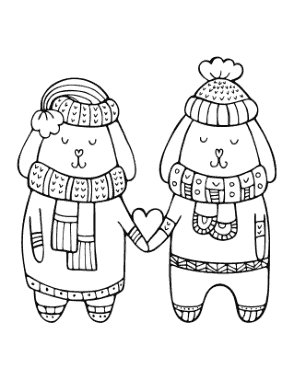 Winter Cute Love Puppies Winter Clothes Coloring Templat