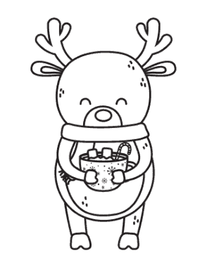 Winter Cute Reindeer With Hot Chocolate Coloring Templat