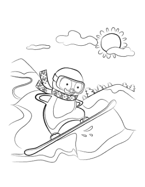 Winter Penguin Snowboarding Coloring Templat
