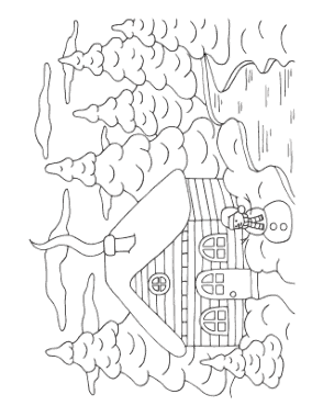 Winter Snowy Cabin In Woods With Snowman Coloring Templat