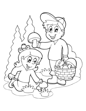 Boy Girl Foraging For Mushrooms Autumn and Fall Coloring Template