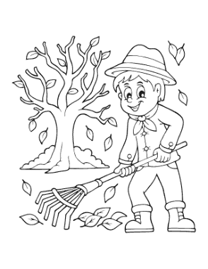 Boy Raking Fallen Leaves Autumn and Fall Coloring Template