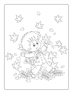 Child Walking Through Leaves Autumn and Fall Coloring Template