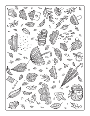 Doodle Leaves Umbrellas For Adults Autumn and Fall Coloring Template