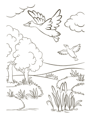 Ducks Flying Near Lake Autumn and Fall Coloring Template