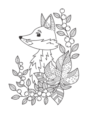 Fox Fallen Leaves Berries For Adults Autumn and Fall Coloring Template