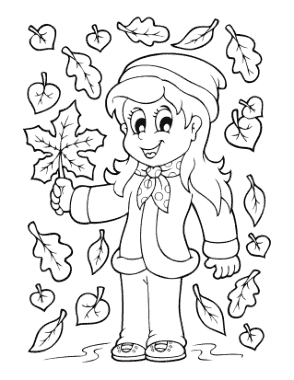 Girl In Falling Leaves Autumn and Fall Coloring Template
