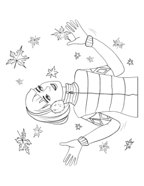 Girl Standing In The Falling Leaves Autumn and Fall Coloring Template