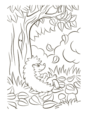 Hedgehog Falling Leaves Mushrooms Autumn and Fall Coloring Template