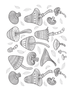 Patterned Mushrooms For Adults To Color Autumn and Fall Coloring Template