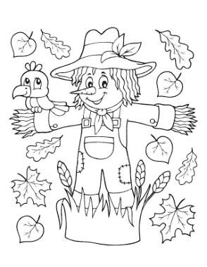 Scarecrow Falling Leaves Autumn and Fall Coloring Template