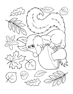 Squirrel With Mushroom Falling Leaves Autumn and Fall Coloring Template