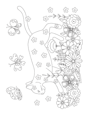 Free Download PDF Books, Cat In Flowers Detailed Drawing Cat Coloring Template