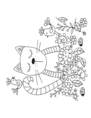 Cute Cat In Garden Cat Coloring Template