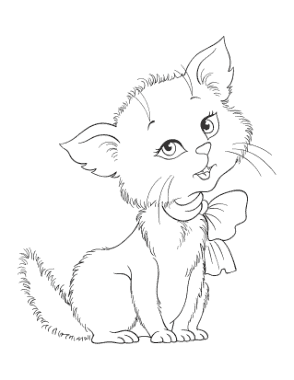 Cute Fluffy With Bow Cat Coloring Template