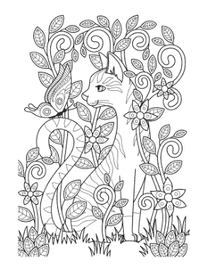 Detailed Cat Garden Butterfly Cat Coloring Template