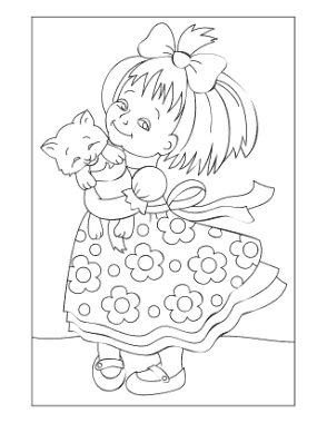 Farm Little Girl With Kitten Cat Coloring Template