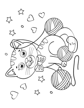 Kitten Wool Hearts Stars Cat Coloring Template