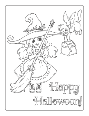 Halloween Witch Broom Cat Cauldron Coloring Template
