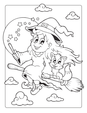 Halloween Witch Cat Broomstick Wand Coloring Template