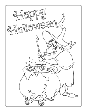 Halloween Witch Cauldron Stirring Coloring Template