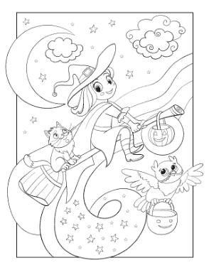 Halloween Witch Flying Broomstick Cat Owl Coloring Template