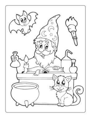 Halloween Wizard Book Cauldron Cat Coloring Template