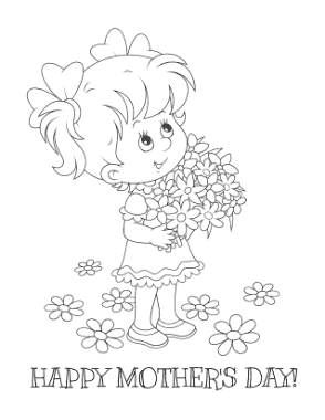 Mothers Day Cute Girl With Flowers Coloring Template
