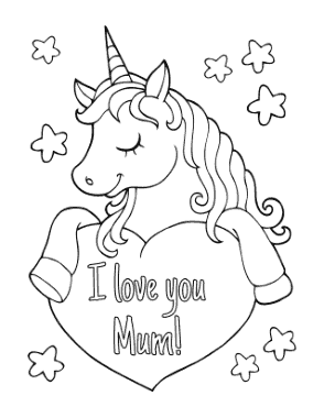 Mothers Day Cute Unicorn With Heart Mum Coloring Template